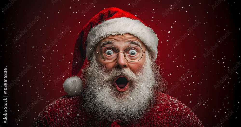 Surprised Santa Claus with wide eyes and snowy beard in festive atmosphere. Generative AI. Surprised Santa Claus with wide eyes and snowy beard in festive atmosphere. Generative AI.