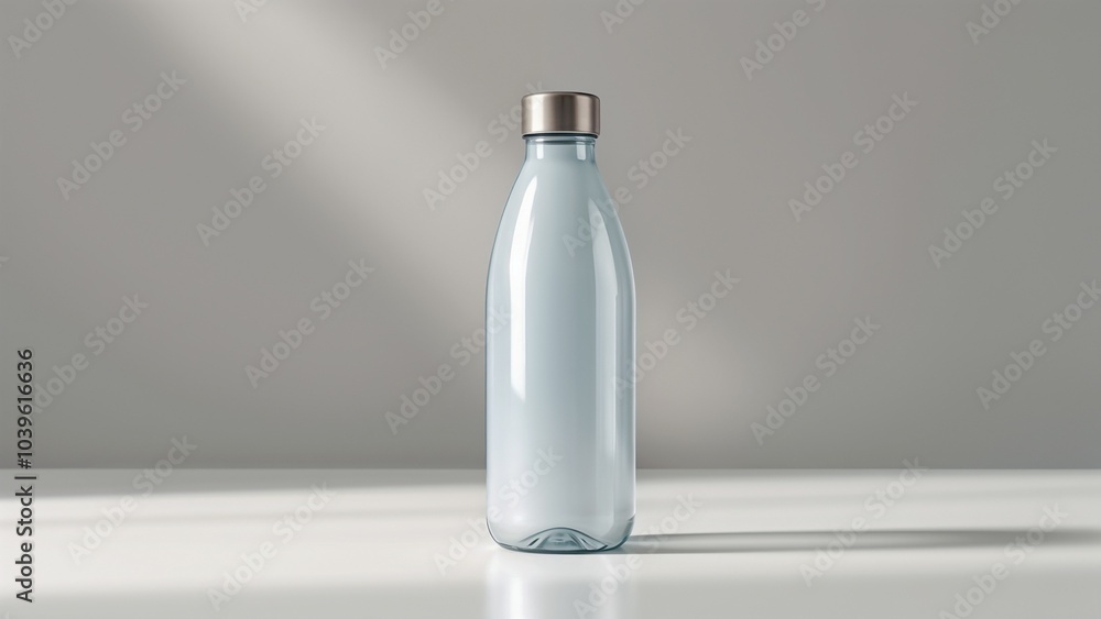 Mockup of blue glass water bottle on table with soft lighting and shadows Mockup of blue glass water bottle on table with soft lighting and shadows