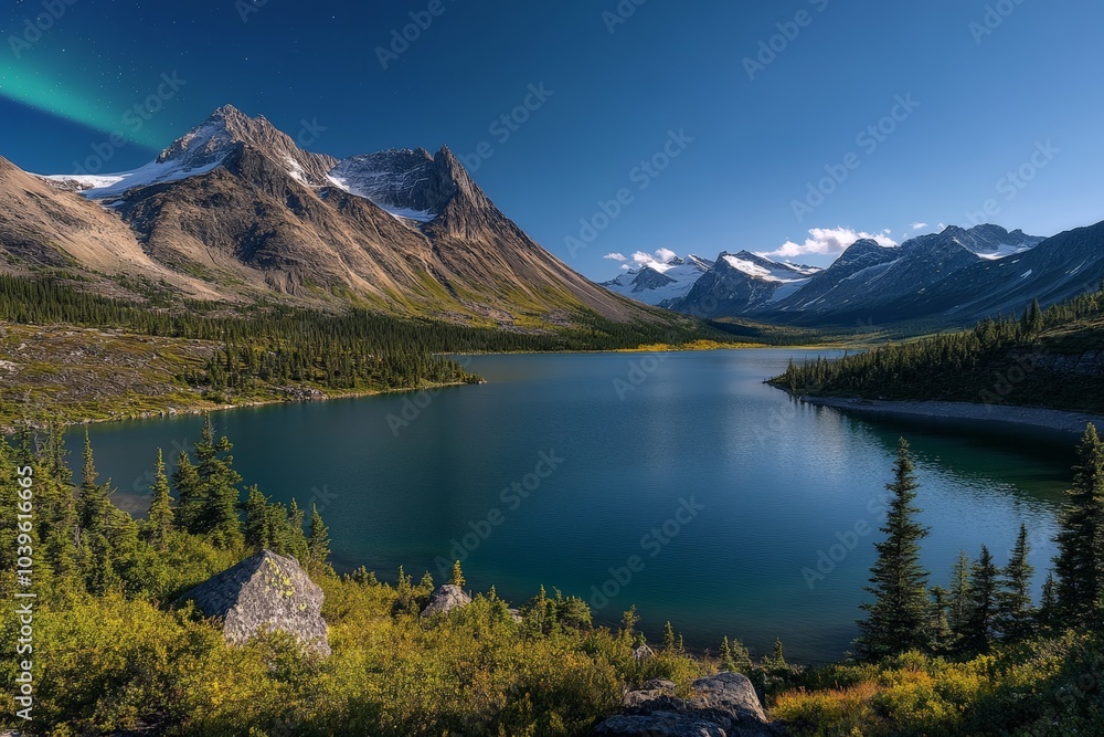 A serene mountain lake is set against a clear sky with lush green trees reflecting off its surface, embodying tranquility, peace, and the beauty of untouched nature.