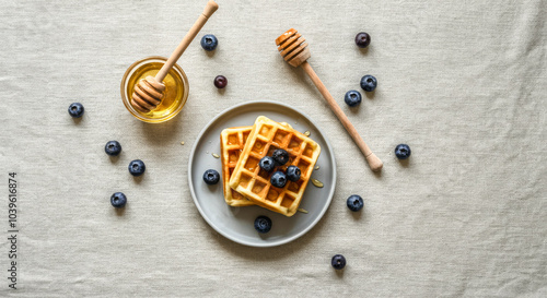 Wallpaper Mural Delicious breakfast with waffles and blueberries on linen tablecloth Torontodigital.ca