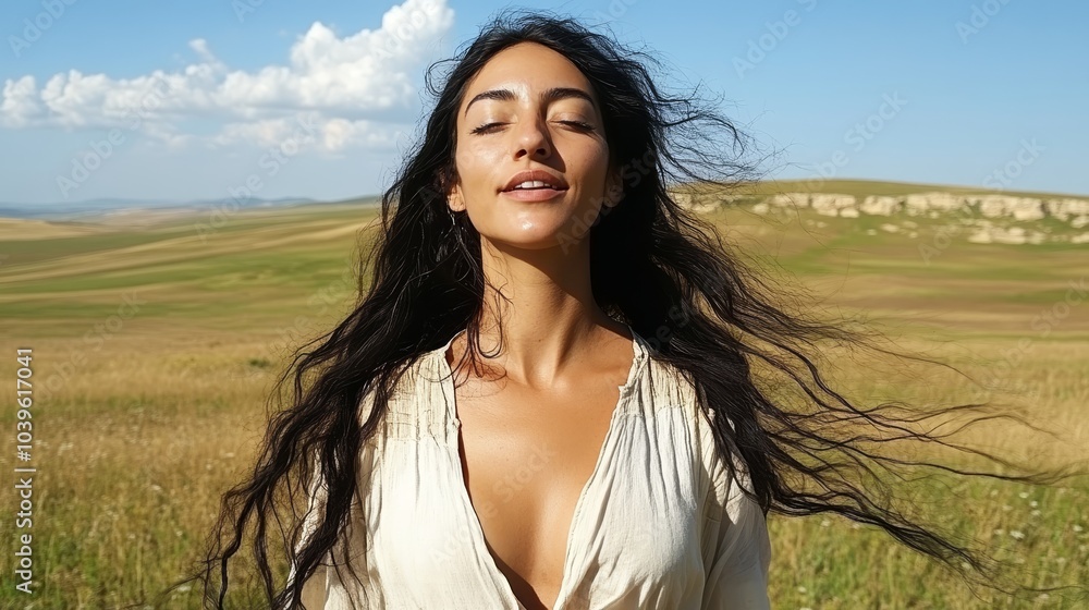 A woman stands in a field of waving grasses, eyes closed, as her hair dances with the wind A woman stands in a field of waving grasses, eyes closed, as her hair dances with the wind