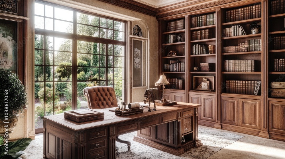 A luxurious Mediterranean study with custom wooden bookshelves A luxurious Mediterranean study with custom wooden bookshelves