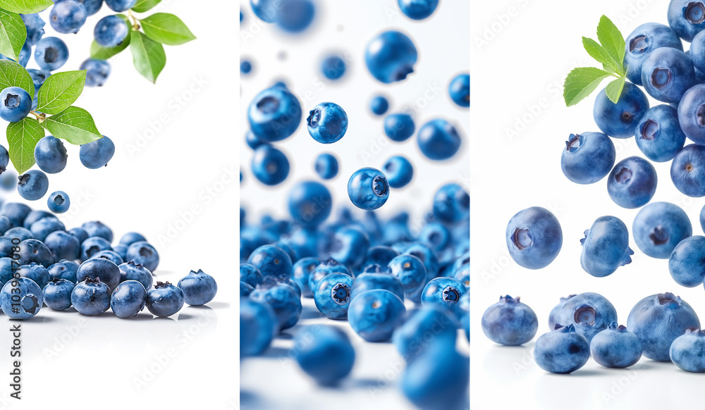 Collage of fresh blueberries falling and bouncing on white background Collage of fresh blueberries falling and bouncing on white background