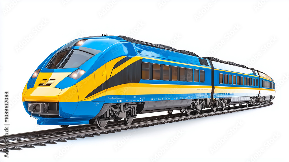 modern high speed train with sleek blue and yellow design is showcased on white background, emphasizing its aerodynamic shape and advanced technology modern high speed train with sleek blue and yellow design is showcased on white background, emphasizing its aerodynamic shape and advanced technology