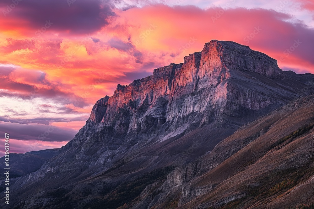 The image captures a spectacular sunset illuminating a rugged mountain range with a warm, glowing light, creating a majestic and awe-inspiring landscape scene. The image captures a spectacular sunset illuminating a rugged mountain range with a warm, glowing light, creating a majestic and awe-inspiring landscape scene.