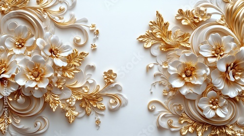 Luxurious 3D golden Baroque filigree swirling floral patterns delicate leaf motifs and opulent rococostyle scrolls elegantly arranged on a white background for a vintage Renaissanceinspired design photo