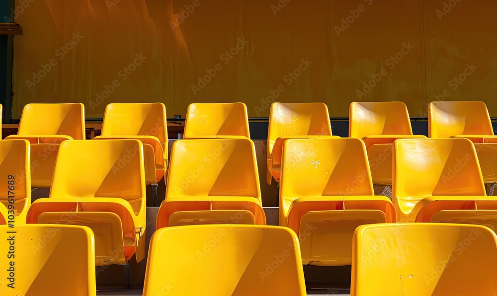 A row of bright yellow chairs sit empty in a large stadium, awaiting a crowd A row of bright yellow chairs sit empty in a large stadium, awaiting a crowd