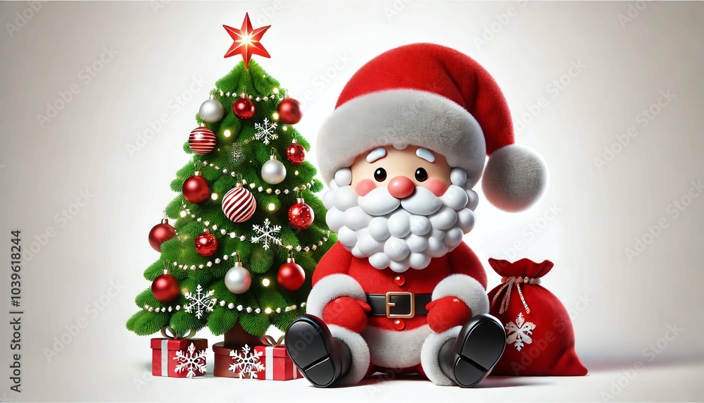 the 3D-rendered image of Santa wearing a Christmas hat, sitting beside a Christmas tree the 3D-rendered image of Santa wearing a Christmas hat, sitting beside a Christmas tree
