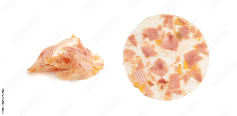 Meat jelly slices, ham aspic isolated, sausage, aspic jelly, winter meat galart, brawn on white Meat jelly slices, ham aspic isolated, sausage, aspic jelly, winter meat galart, brawn on white