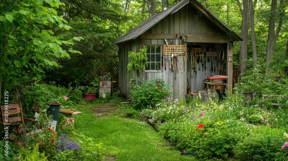 A tranquil gardening shed surrounded by lush greenery, Gardening tools neatly hung on pegboards, Naturalistic garden style A tranquil gardening shed surrounded by lush greenery, Gardening tools neatly hung on pegboards, Naturalistic garden style
