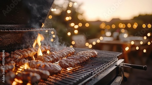 Grilled meat on barbecue, outdoor setting with warm lights, evening ambiance. photo