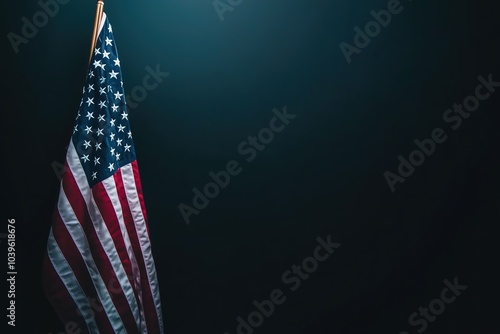 American flag emblem isolated on dark background with web banner design and copy space. Symbolic patriotism display for digital marketing and advertising.