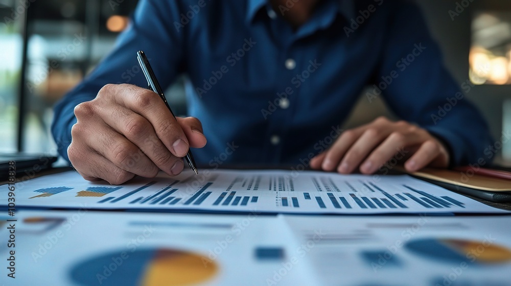 Businessperson Analyzing Data Reports with Pen Businessperson Analyzing Data Reports with Pen
