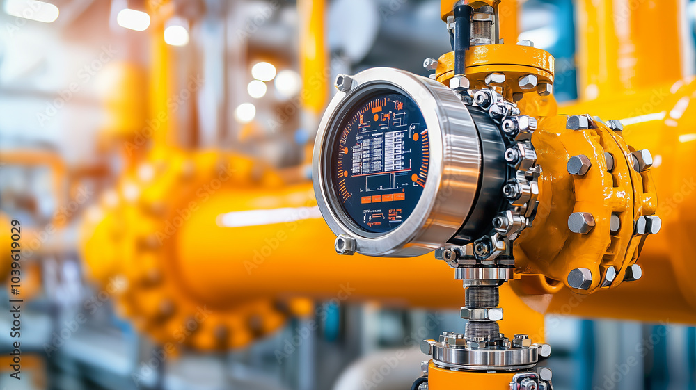 High tech digital monitoring gauge on bright yellow industrial pipeline, showcasing precision in fluid measurement and control. vibrant colors and advanced technology evoke sense of innovation and High tech digital monitoring gauge on bright yellow industrial pipeline, showcasing precision in fluid measurement and control. vibrant colors and advanced technology evoke sense of innovation and