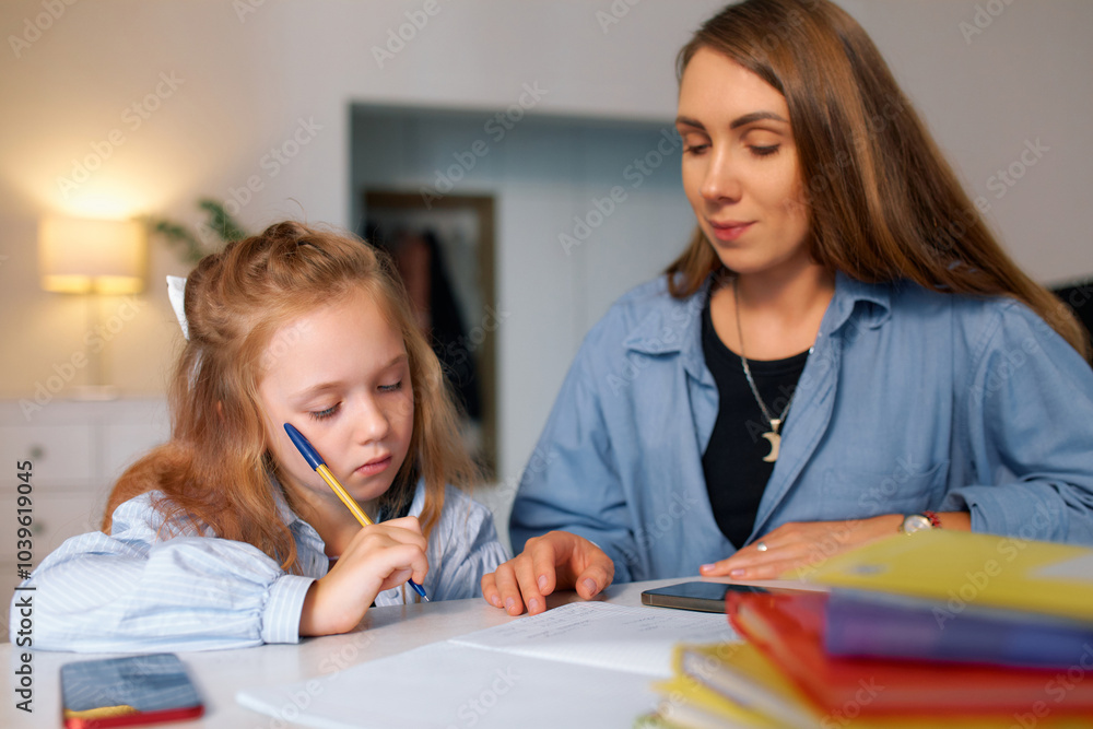 Fototapeta premium Schoolgirl sits with her mother and learns a new language