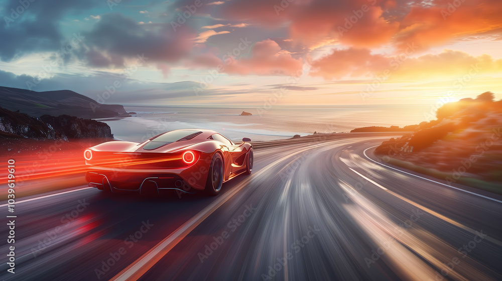 Red luxury sports car speeding along a coastal highway at sunset ...