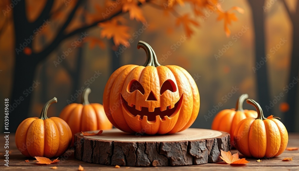 Pumpkin-inspired Halloween display podium featuring rustic autumn tones for a captivating product showcase. Pumpkin-inspired Halloween display podium featuring rustic autumn tones for a captivating product showcase.