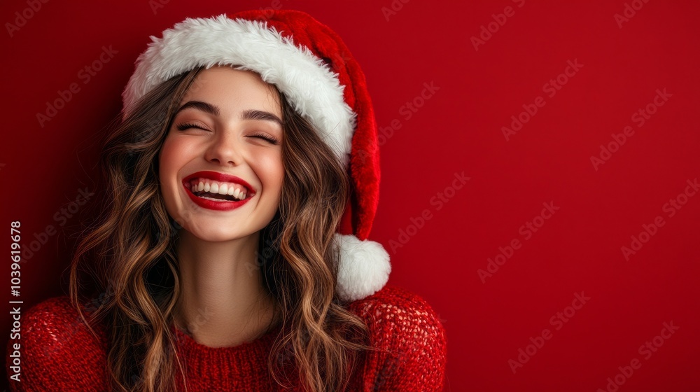A woman wearing a red hat and a red sweater is smiling and laughing A woman wearing a red hat and a red sweater is smiling and laughing