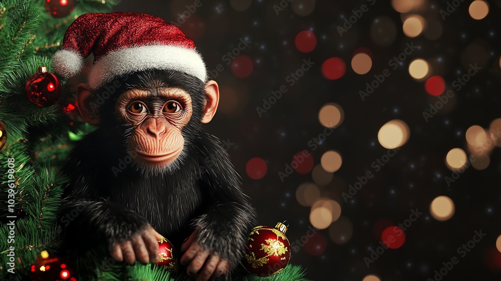 the image of the 3D-rendered monkey wearing a Christmas hat, sitting next to a decorated Christmas tree the image of the 3D-rendered monkey wearing a Christmas hat, sitting next to a decorated Christmas tree