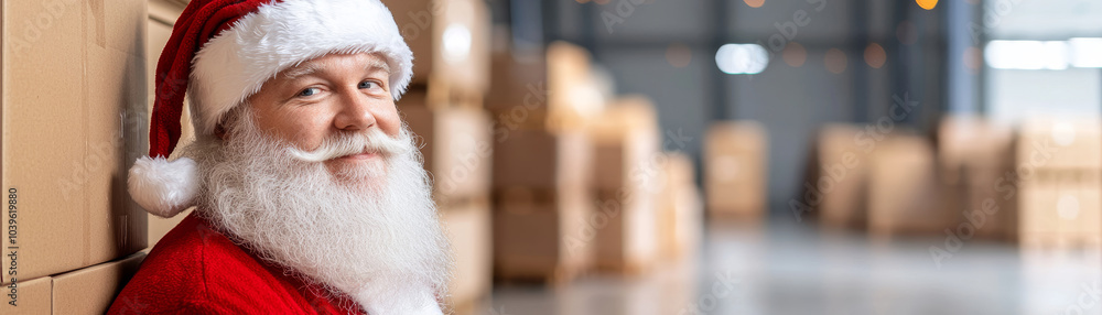 Jolly Santa Claus smiling in a warehouse filled with boxes, celebrating the festive spirit of Christmas. Jolly Santa Claus smiling in a warehouse filled with boxes, celebrating the festive spirit of Christmas.