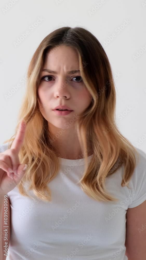 Strong woman showing hush gesture with finger on lips, standing on white background. Concept of a privacy or secrecy. Vertical video. Strong woman showing hush gesture with finger on lips, standing on white background. Concept of a privacy or secrecy. Vertical video.