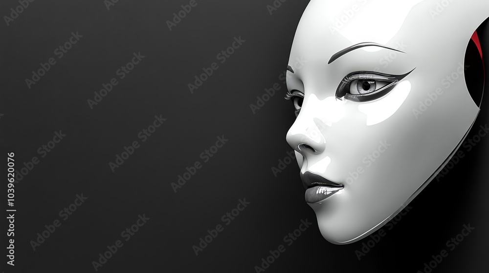 A monochrome image of a woman's face wearing a white mask and sporting red hair against a black backdrop A monochrome image of a woman's face wearing a white mask and sporting red hair against a black backdrop