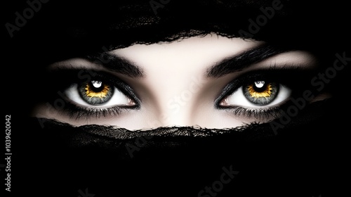  A near view of a woman's expressive eyes, covered by a black veil atop her head Her eyes are accentuated with a bold streak of yellow eyeliner