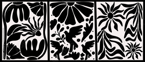 Set of abstract floral bird posters. Botanical in trendy scandinavian, japandi style, modern black beige wall art. Naive groovy hippie interior decoration, painting. Monochrome vector illustrations