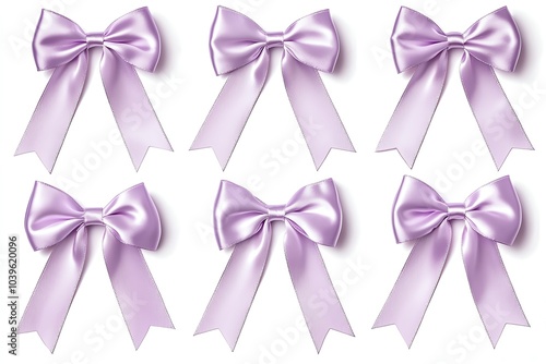 Six elegant lavender satin bows arranged on a white background.