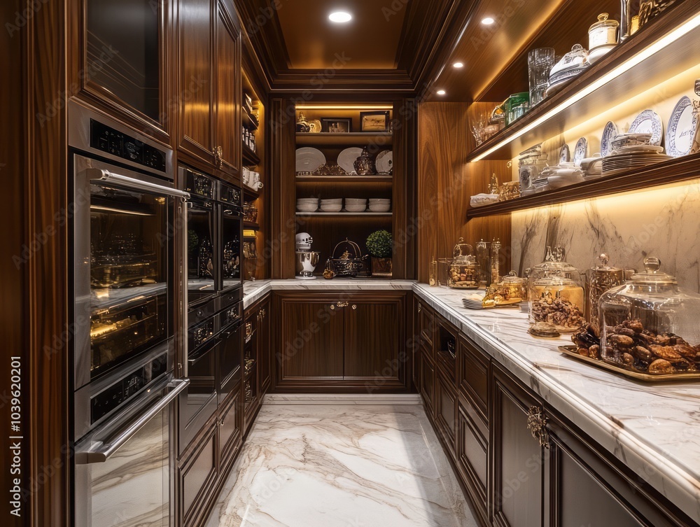 Luxurious pantry with marble countertops and sleek cabinetry Luxurious pantry with marble countertops and sleek cabinetry
