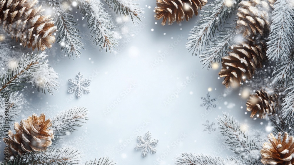 Festive holiday arrangement featuring pine cones, snowflakes, and evergreen branches on a white background. Festive holiday arrangement featuring pine cones, snowflakes, and evergreen branches on a white background.