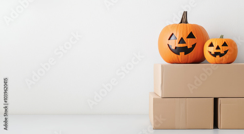 Two Halloween pumpkins on cardboard boxes against a white background.