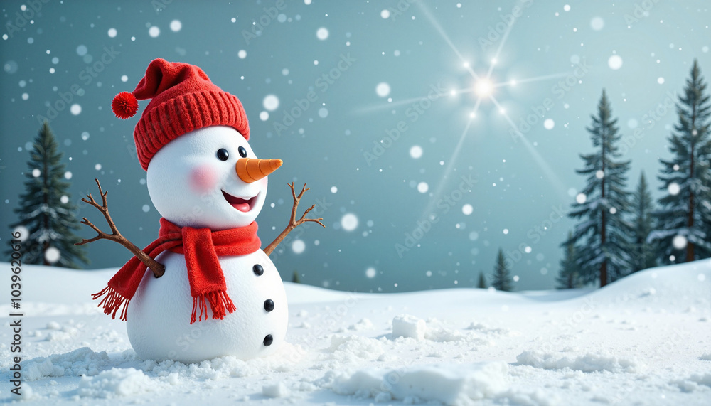 Obraz premium Cheerful snowman wearing a red hat and scarf in a snowy landscape with sparkling snowflakes