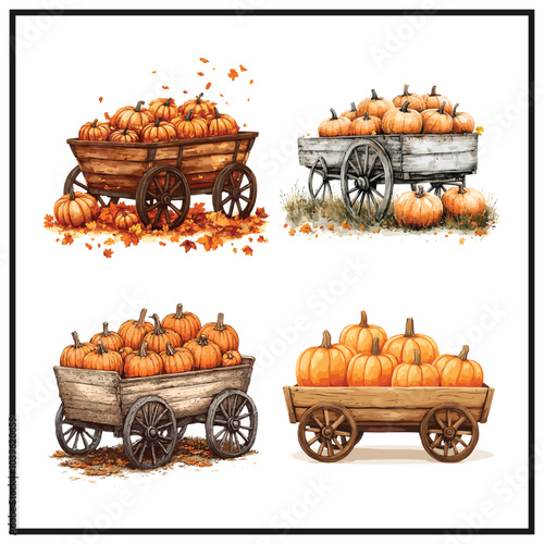 Autumn harvest wagon with pumpkins clipart