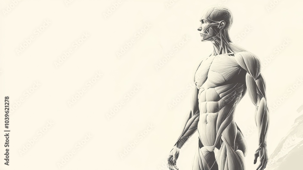 Obraz premium A minimalist depiction of the human muscular system, with smooth, flowing lines and a monochromatic palette focusing on the main muscle groups. 