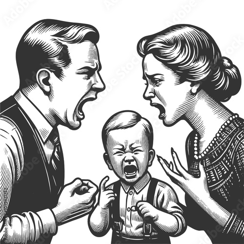 couple in a heated argument while the woman holds a crying baby, showing family tension and conflict sketch engraving generative ai vector illustration. Scratch board imitation. Black and white image.