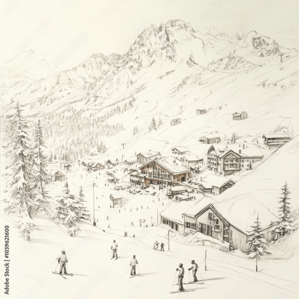 A detailed hand-drawn sketch of a snowy ski resort surrounded by mountains, with skiers descending slopes and buildings nestled at the base of the hills A detailed hand-drawn sketch of a snowy ski resort surrounded by mountains, with skiers descending slopes and buildings nestled at the base of the hills