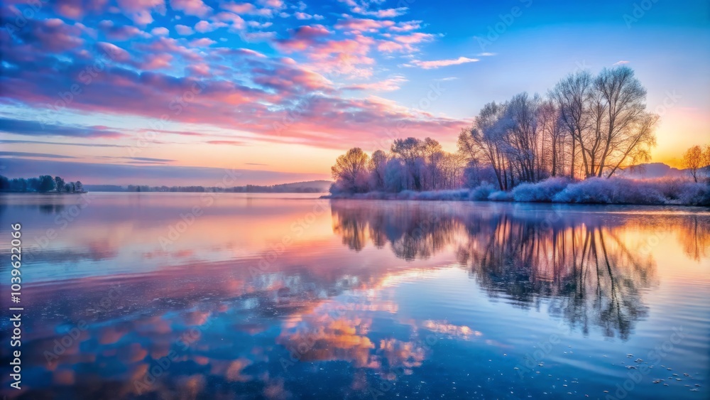 Fototapeta premium Early Dawn Breaks Over the Lake's Glassy Expanse Creating a Serene and Peaceful Atmosphere