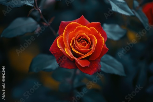 Red garden roses with yellow patterns blooming in Bandung.