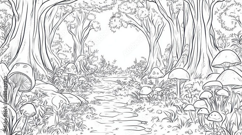 Obraz premium A magical forest path filled with whimsical mushrooms and lush greenery, inviting exploration on a tranquil day, coloring page