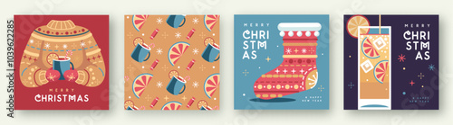 Set of Merry Christmas and Happy New Year greeting cards, covers or posters with holiday attributes. Christmas background. Flat design. Vector illustration