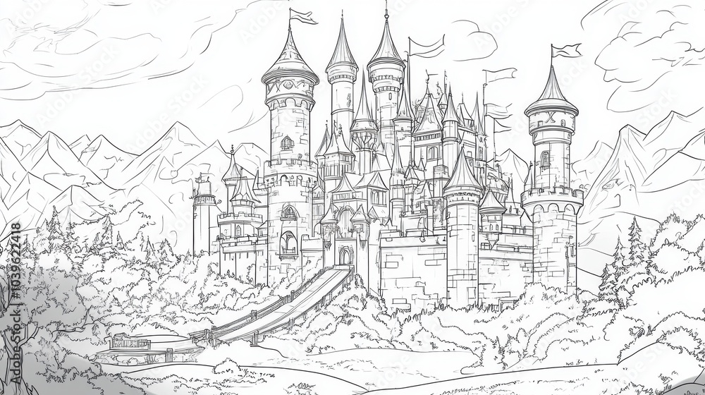Naklejka premium A whimsical castle nestled among majestic mountains, inviting imagination in a serene landscape at twilight, coloring page