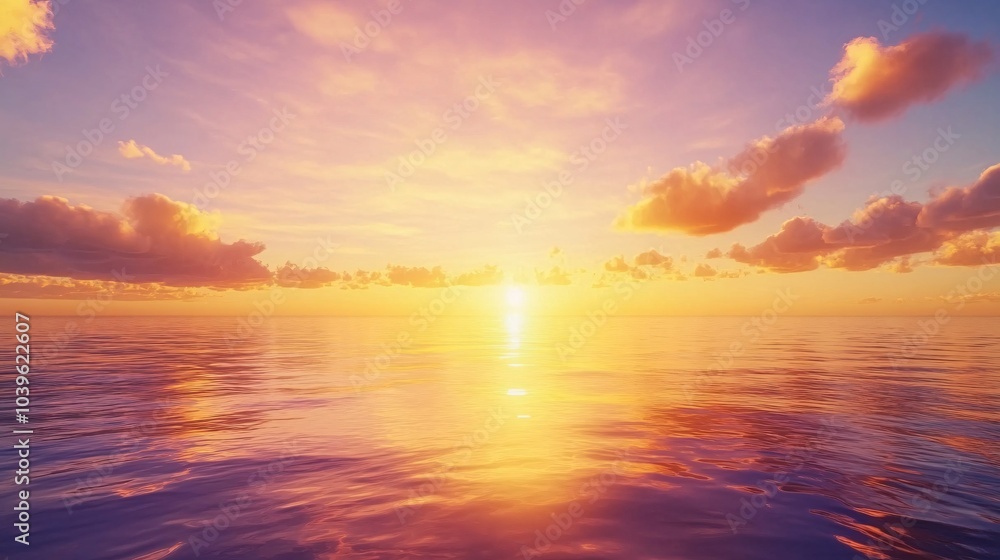 Obraz premium A serene landscape showcasing a breathtaking sunset with golden hues reflecting on the calm ocean waters, creating a tranquil and picturesque scene.