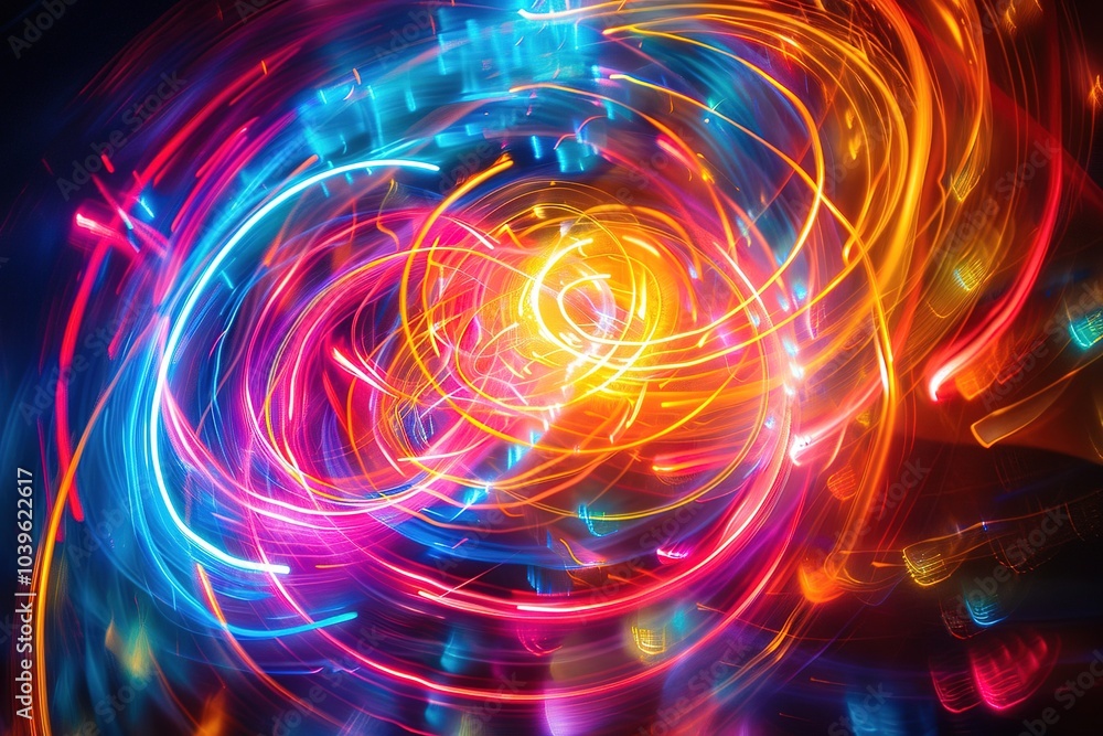 Fluorescent neon circles and swirling light lines coalescing into a hypnotic abstract pattern, radiating energy and vibrancy. Fluorescent neon circles and swirling light lines coalescing into a hypnotic abstract pattern, radiating energy and vibrancy.