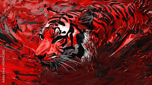 Majestic Tiger in Vibrant Red Abstract 3D Art Design