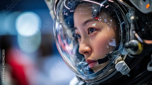 A female astronaut is in outer space,