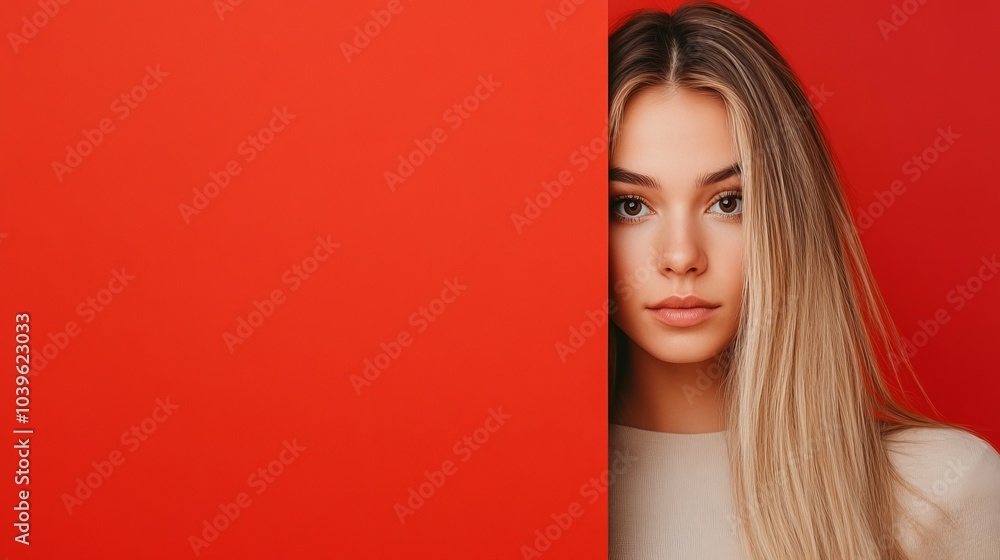 A serious-faced woman with long blonde hair peeks out from behind a red wall, gazing at the camera A serious-faced woman with long blonde hair peeks out from behind a red wall, gazing at the camera