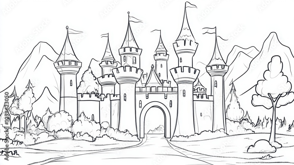 A whimsical castle surrounded by mountains and trees in a magical land filled with imaginary adventures and vibrant colors, coloring page A whimsical castle surrounded by mountains and trees in a magical land filled with imaginary adventures and vibrant colors, coloring page