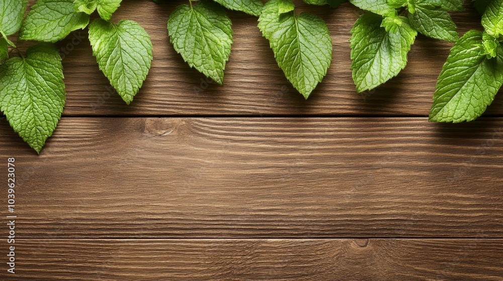 Fresh mint leaves on rustic wood, aromatic green herb for culinary and wellness fresh Fresh mint leaves on rustic wood, aromatic green herb for culinary and wellness fresh