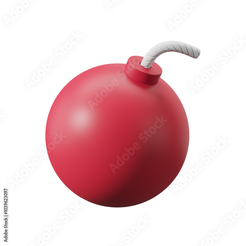 A red spherical cartoon bomb with a white fuse, isolated on a clean white background. Concept of danger, warning, or explosion. 3D Rendering